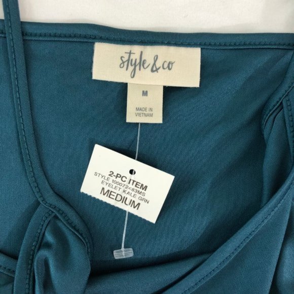 New Style & Co Velvet Eyelet Embroidered Swiss Dot Sheer Top Teal Size Medium - Picture 12 of 16